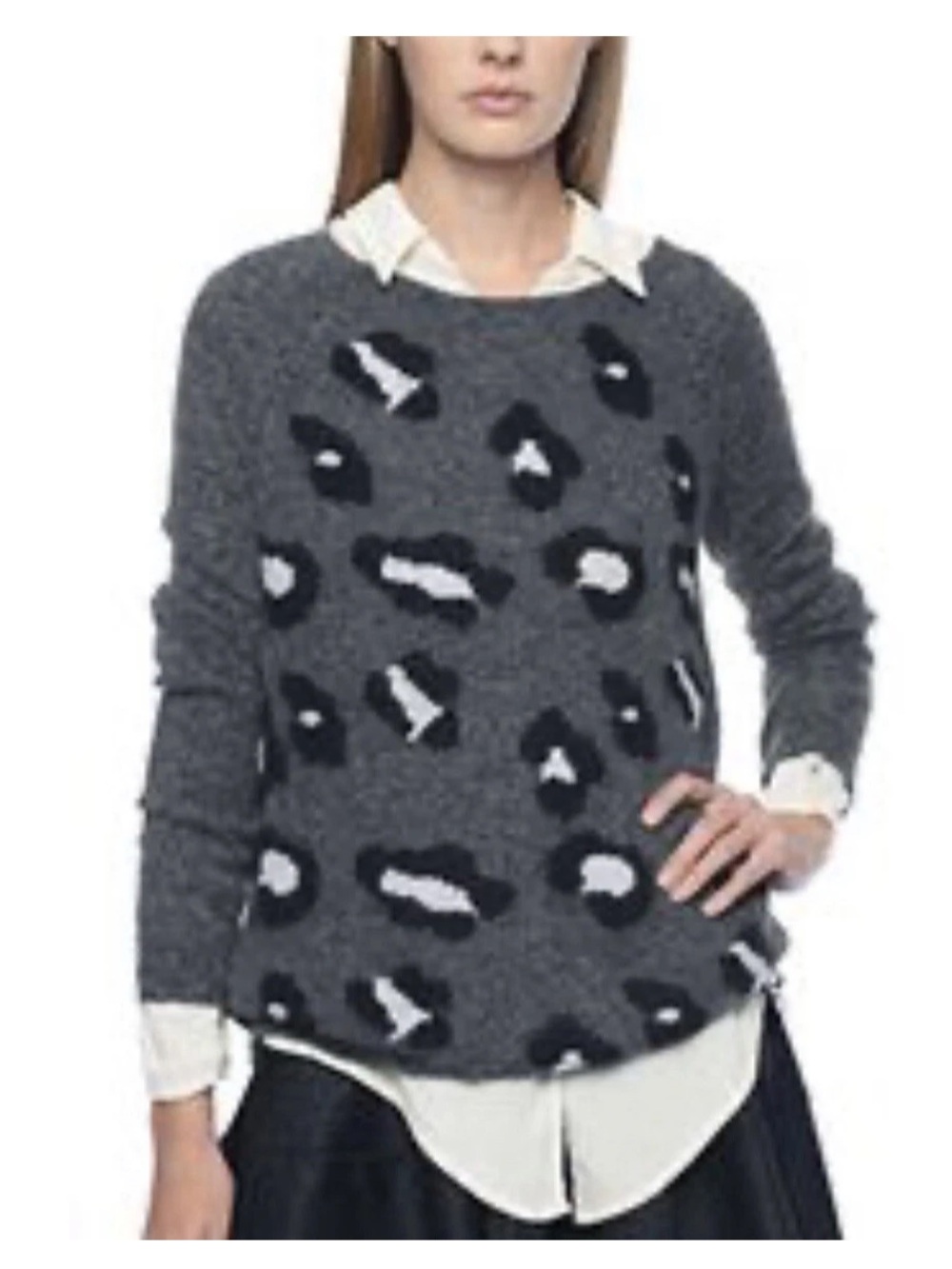 ELLA MOSS Sweater Women Small Gray Leopard Rear Zip Wool-Angora Blend Pullover